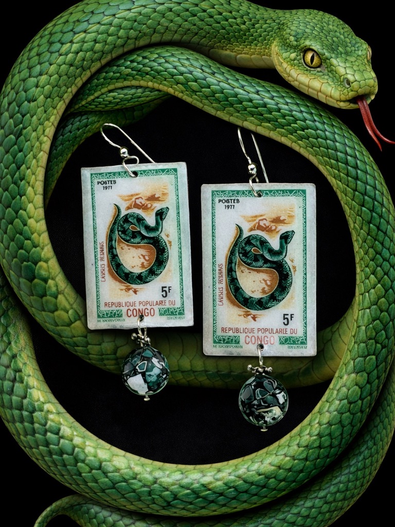 Congo Vintage Stamp Snake Custom Earrings Sterling Wires W Charm Ooak Philately